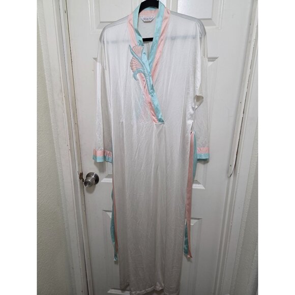 Vintage Vanity Fair White Satin Long Y2K 80s Victorian Robe Pastel Pink & Blue E - Picture 9 of 10